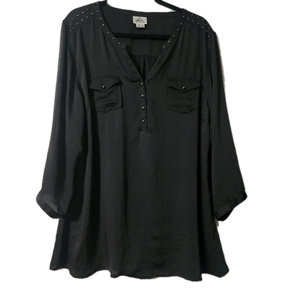 Ariat Womens Gray Studded Satin Tunic Shirt XXL 3/4 Sleeve Western Cowgirl Boho